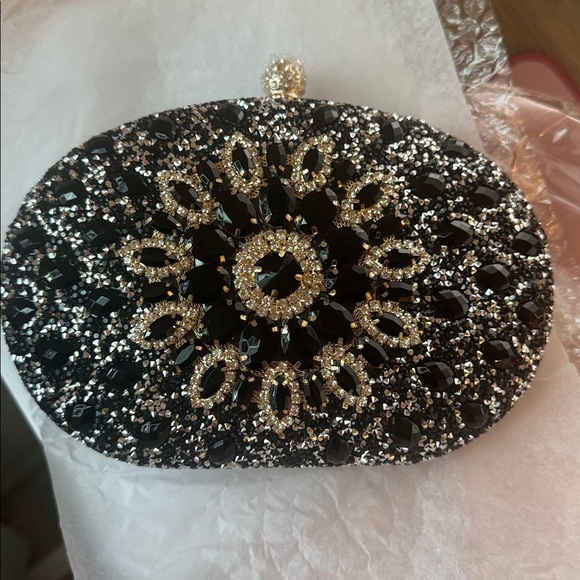 Ramla Handbags - Ramla Black gold Rhinestone Flower Decor Clutch bag purse